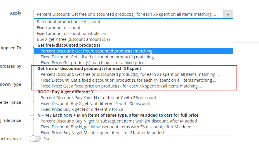 Choosing the Get free / discounted product(s) for each $X spent action.