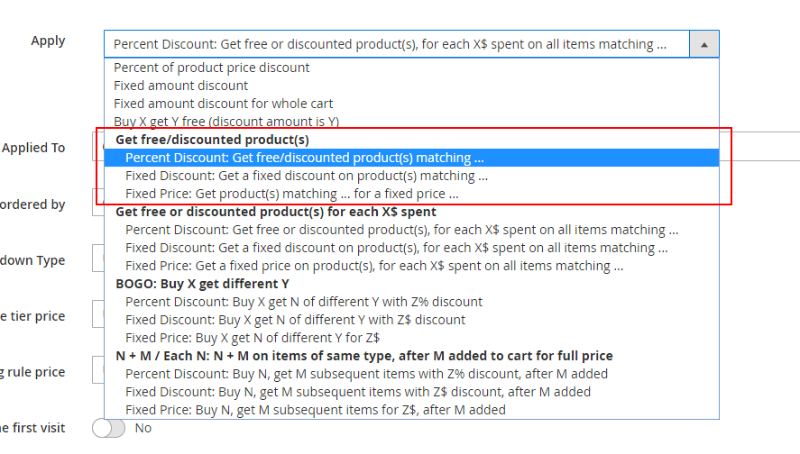 Choosing the Get free / discounted product(s) action.