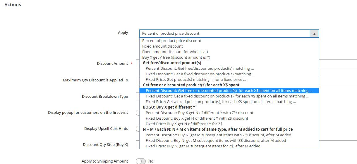 Choosing the Get free or discounted product(s) for each X$ spent action.