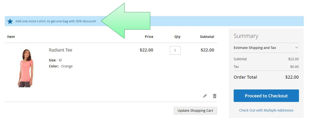 Upsell cart hint in the cart.