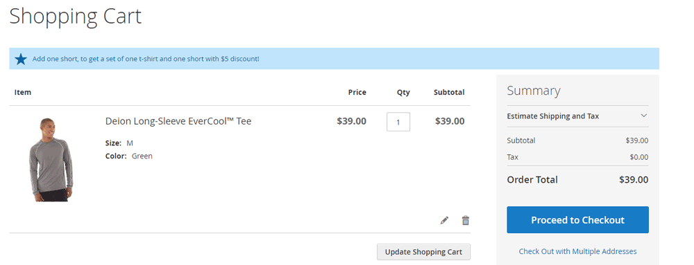 Upsell cart hint in the cart.