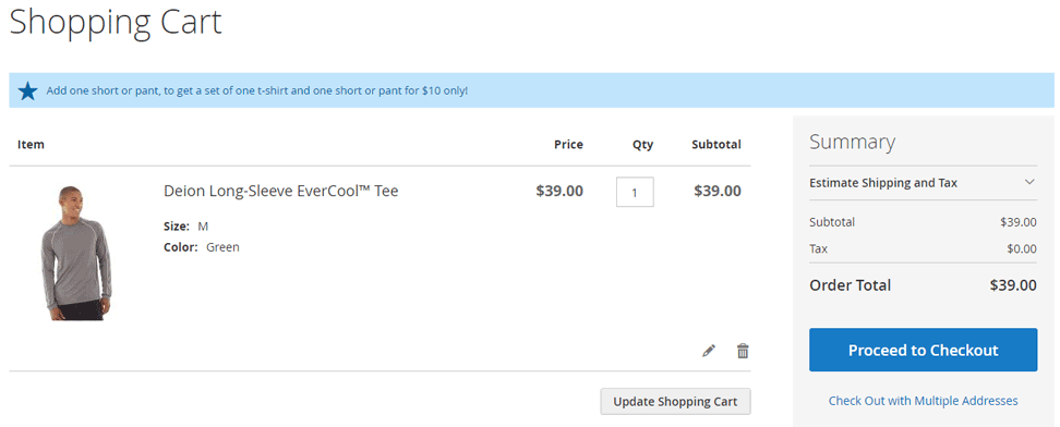 Upsell cart hint in the cart.