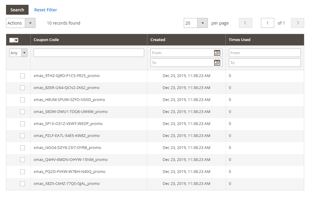 The generated coupon codes.