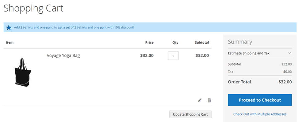 Upsell cart hint in the cart.