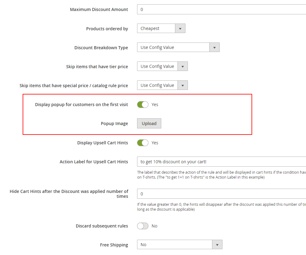The popup fields in the cart rule.