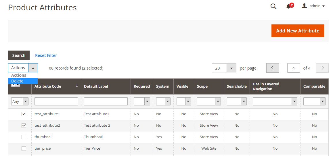 Product attributes grid in Magento admin panel with some of the attributes marked