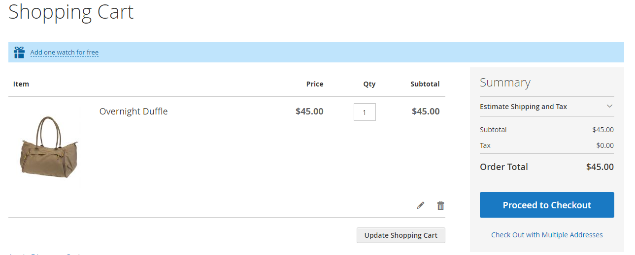 Product hint at the top of the cart.