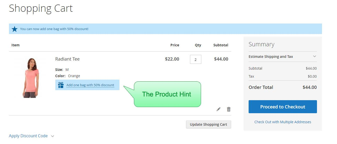 The product hint in the cart.