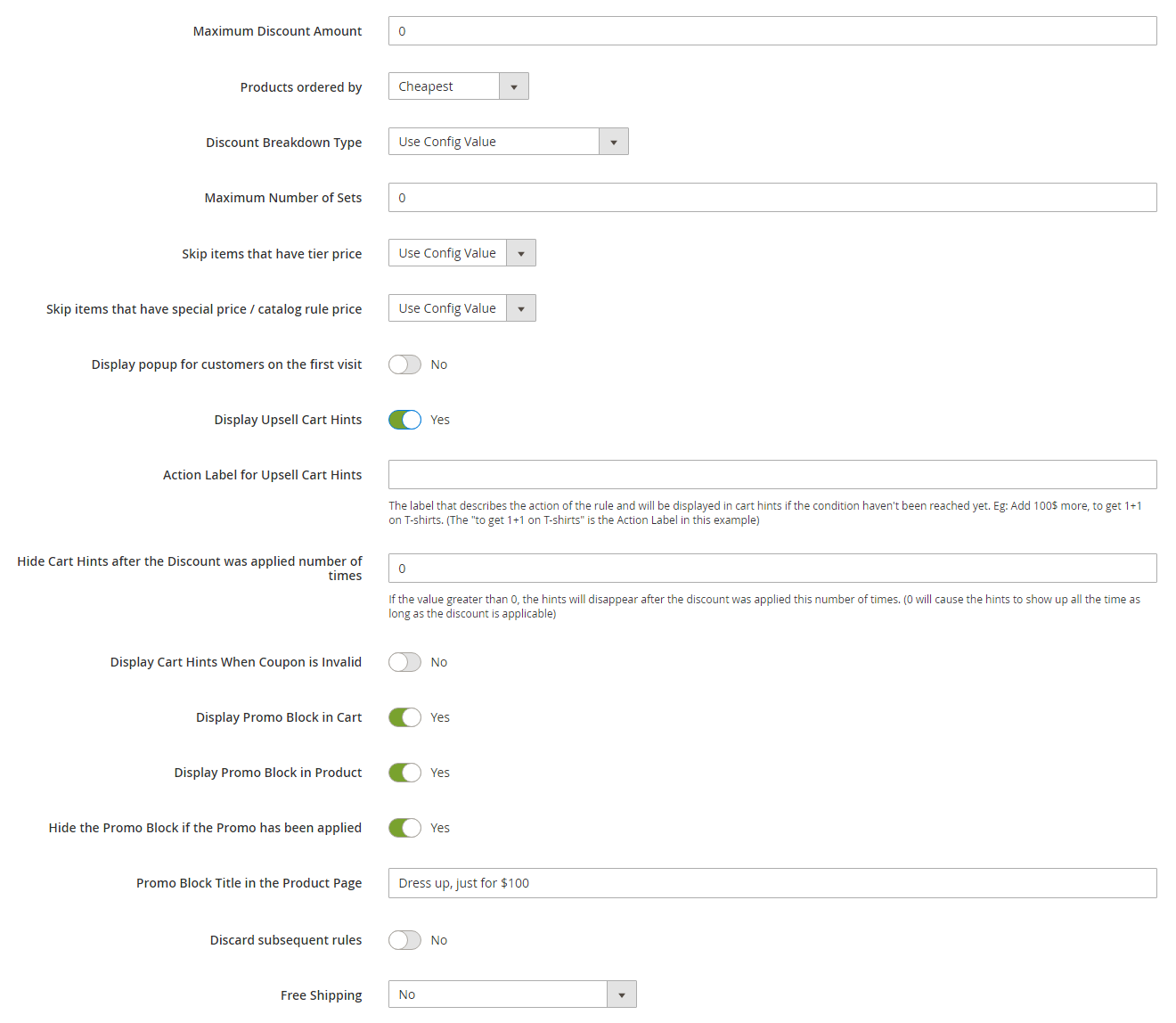 The promo block fields in the cart rule.