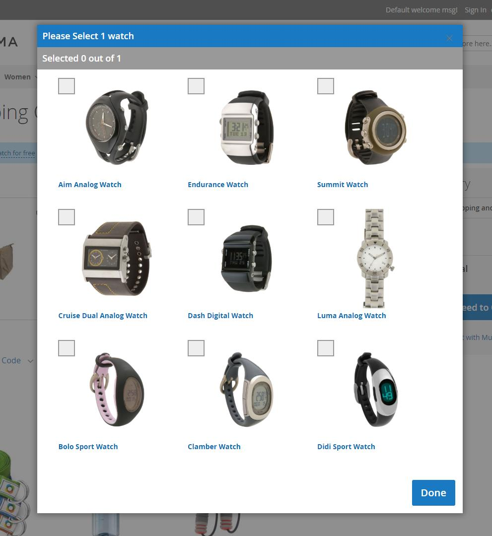 Product hint and the popup with products to select.
