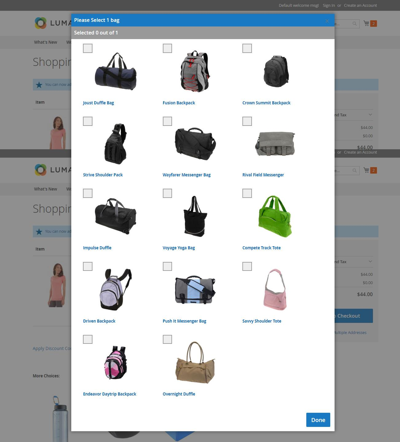 Popup for selecting the discounted bag.
