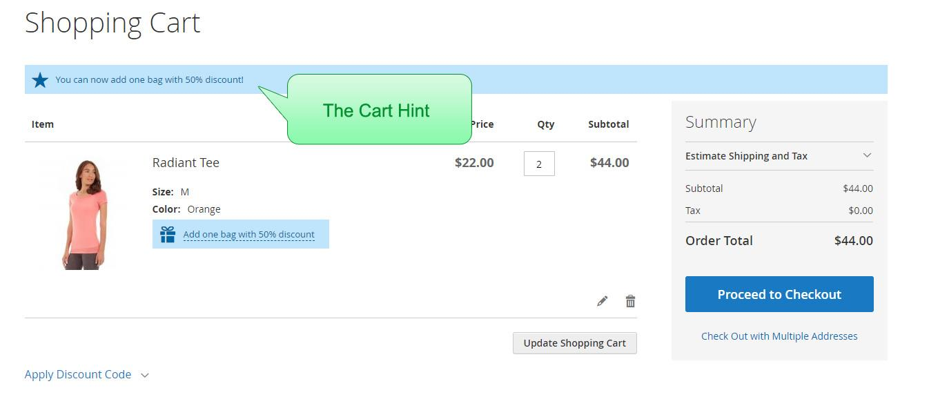 The upsell cart hint in the cart.