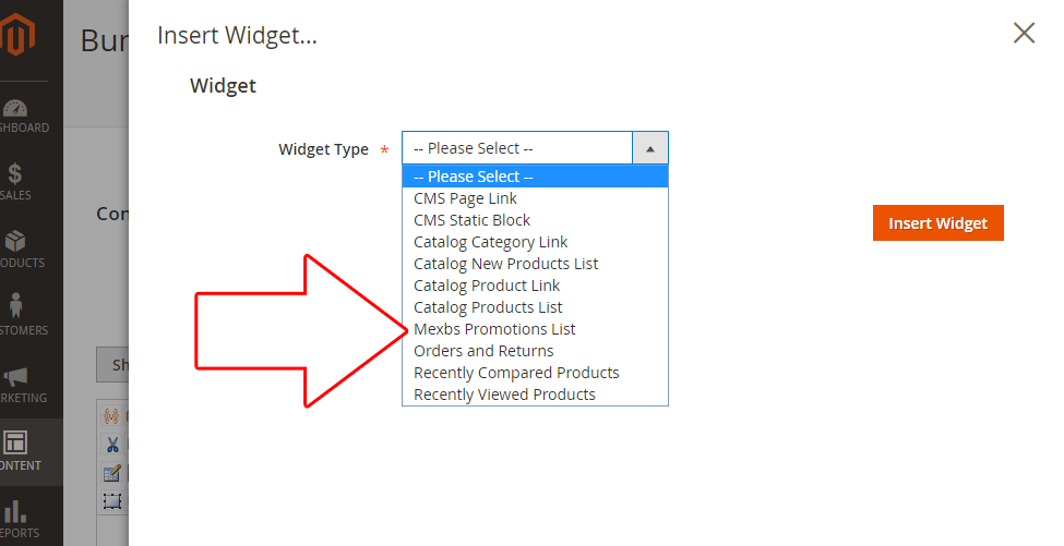 Selecting the Mexbs Promotions List widget type.