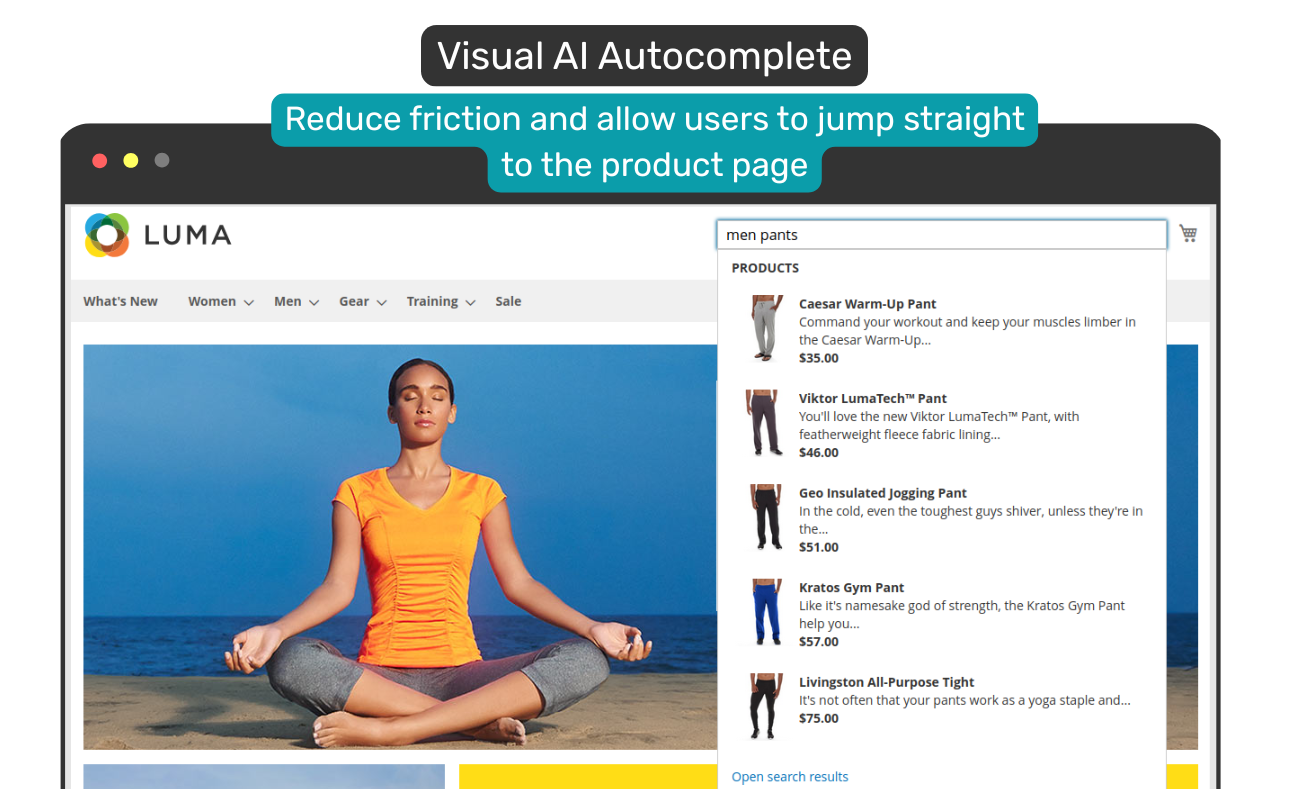 The AI search results show up in the live drop-down while typing