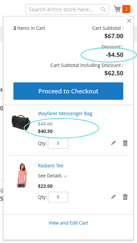 The cart in Magento website, with a 10% discount applied only on the bags