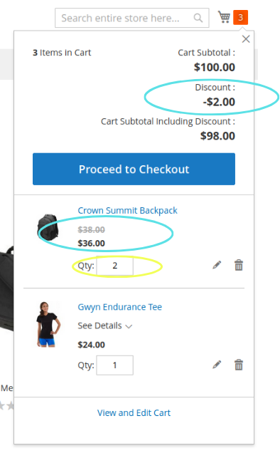 The cart in Magento website, with a $2 discount applied only on the bags