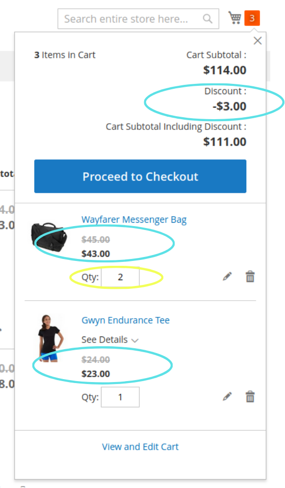 The cart in Magento website, with a $3 discount applied