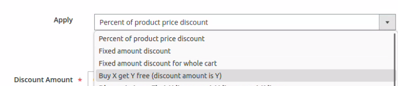 Magento price cart rule configuration, the buy x get y action type is selected