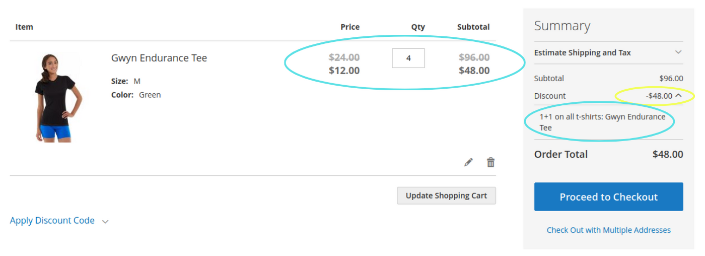 Magento cart with four same t-shirt in the cart, two of them got discounted