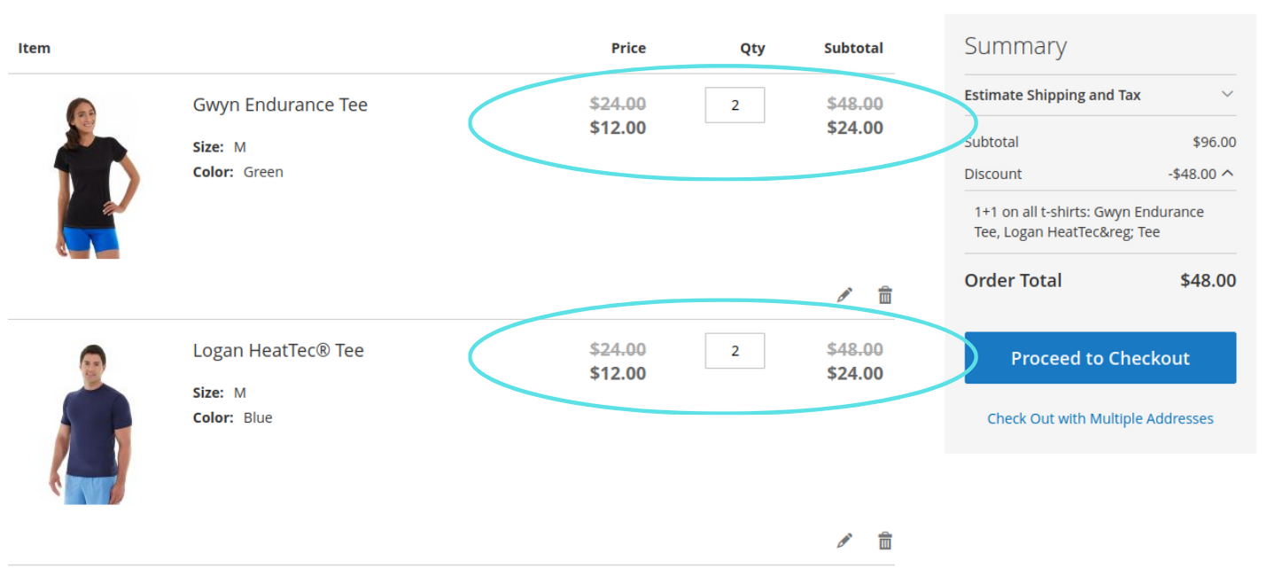 Magento cart with two different t-shirts added, each with quantity of two, a discount is applied on each second t-shirt
