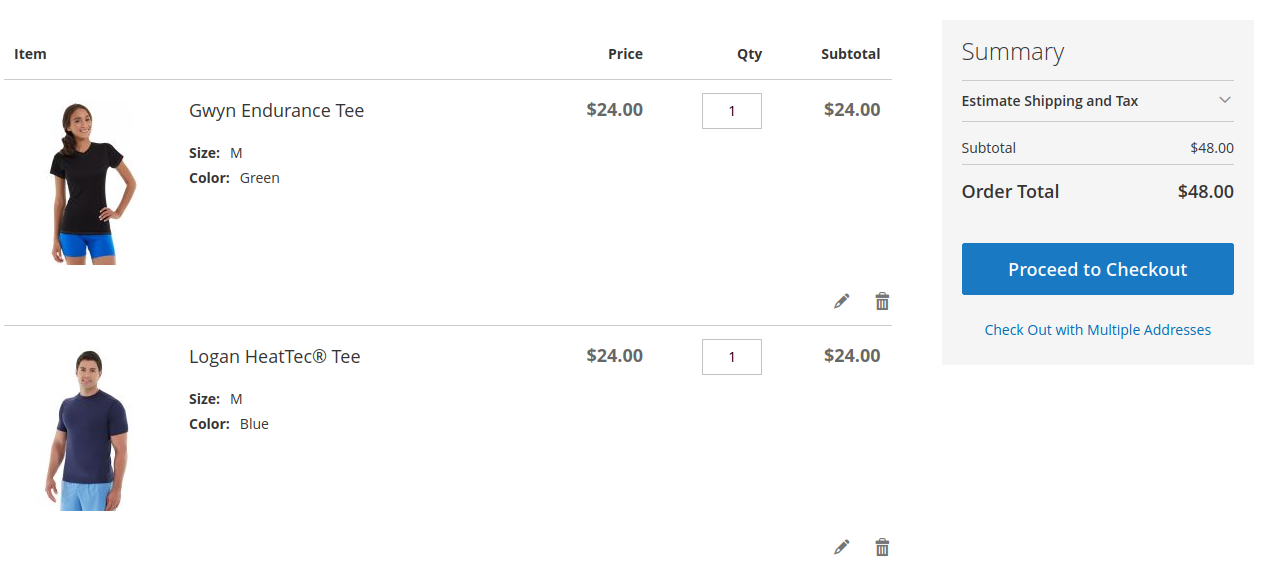 Magento cart with two different t-shirts added, there is no discount applied in the cart