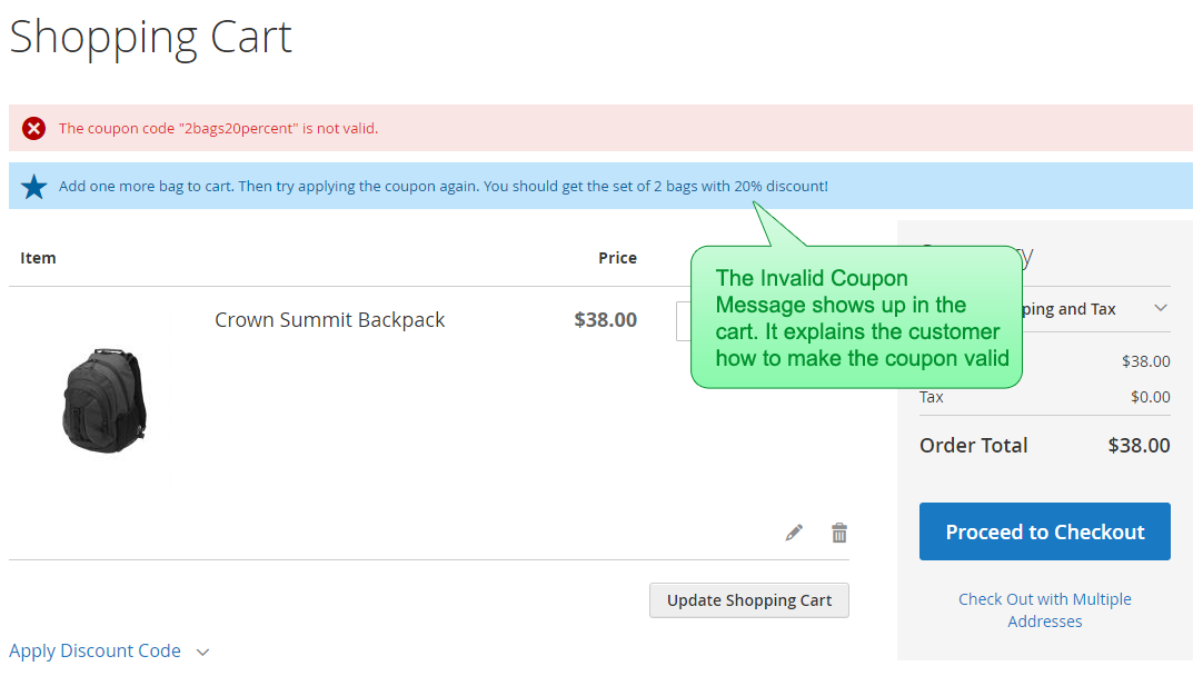 The Invalid Coupon Message shows up in the cart, saying 'Add one bag to cart. Then try applying the coupon again. You should get the set of 2 bags with 20% discount.'