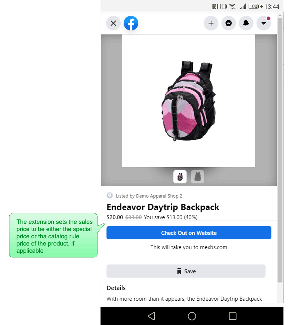 Product in Facebook shop has a sale price
